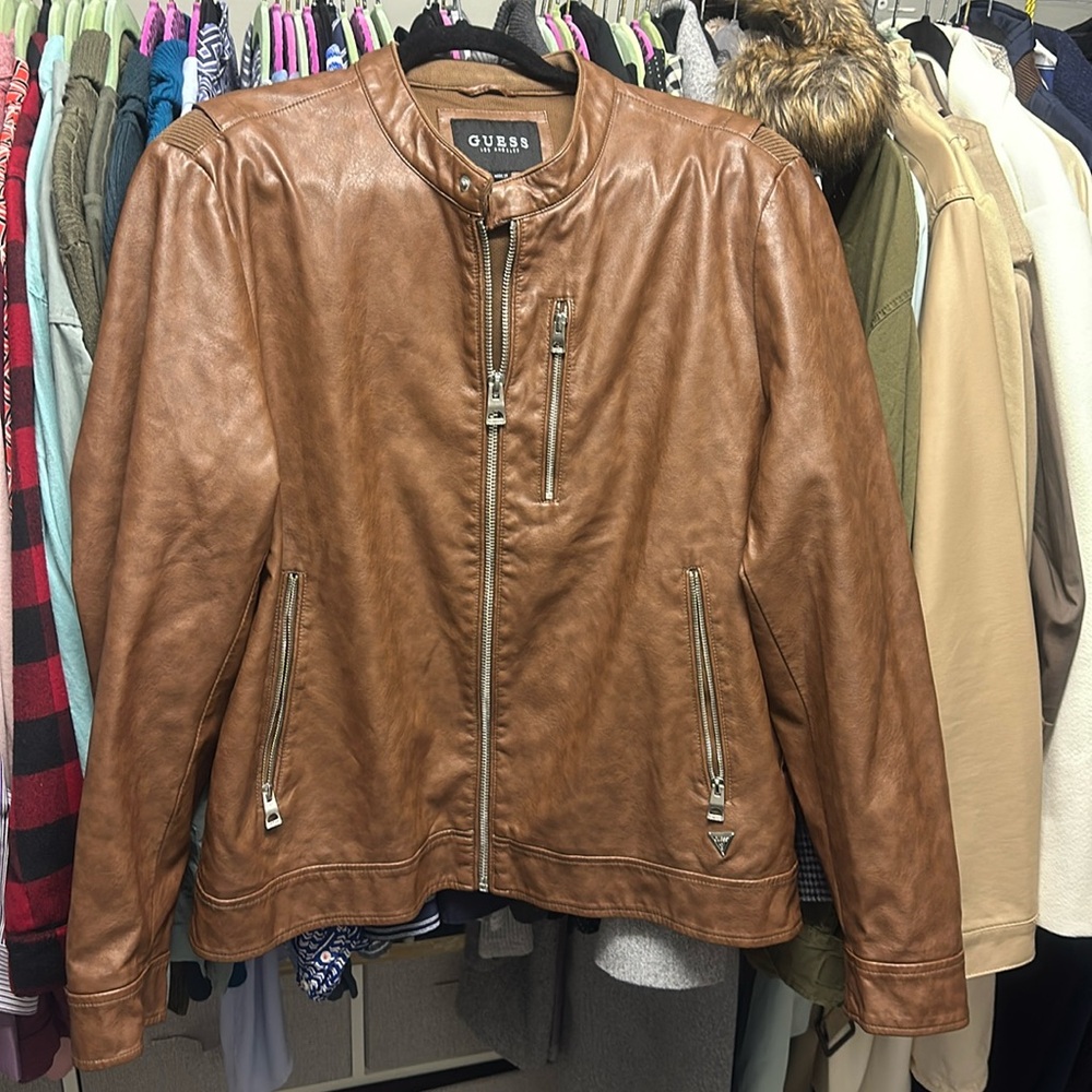 Guess Coat Men’s XL Brown with Silver Zippers. Knit at arms.